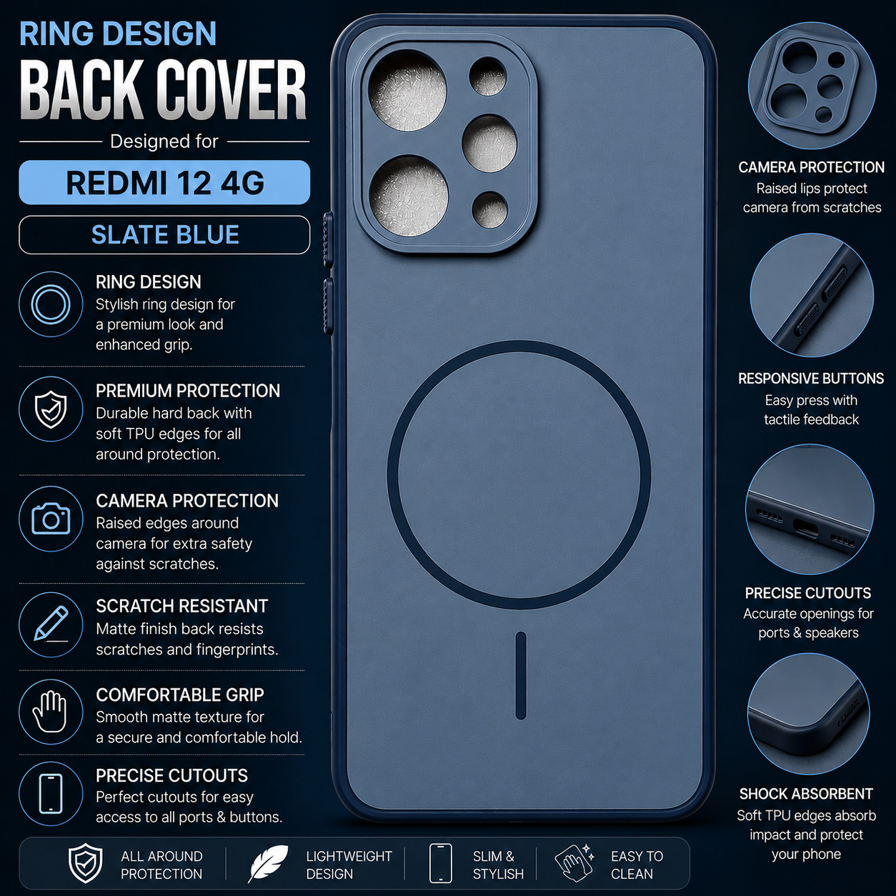 Redmi 12 4G Ring Design Back Cover – Slate Blue