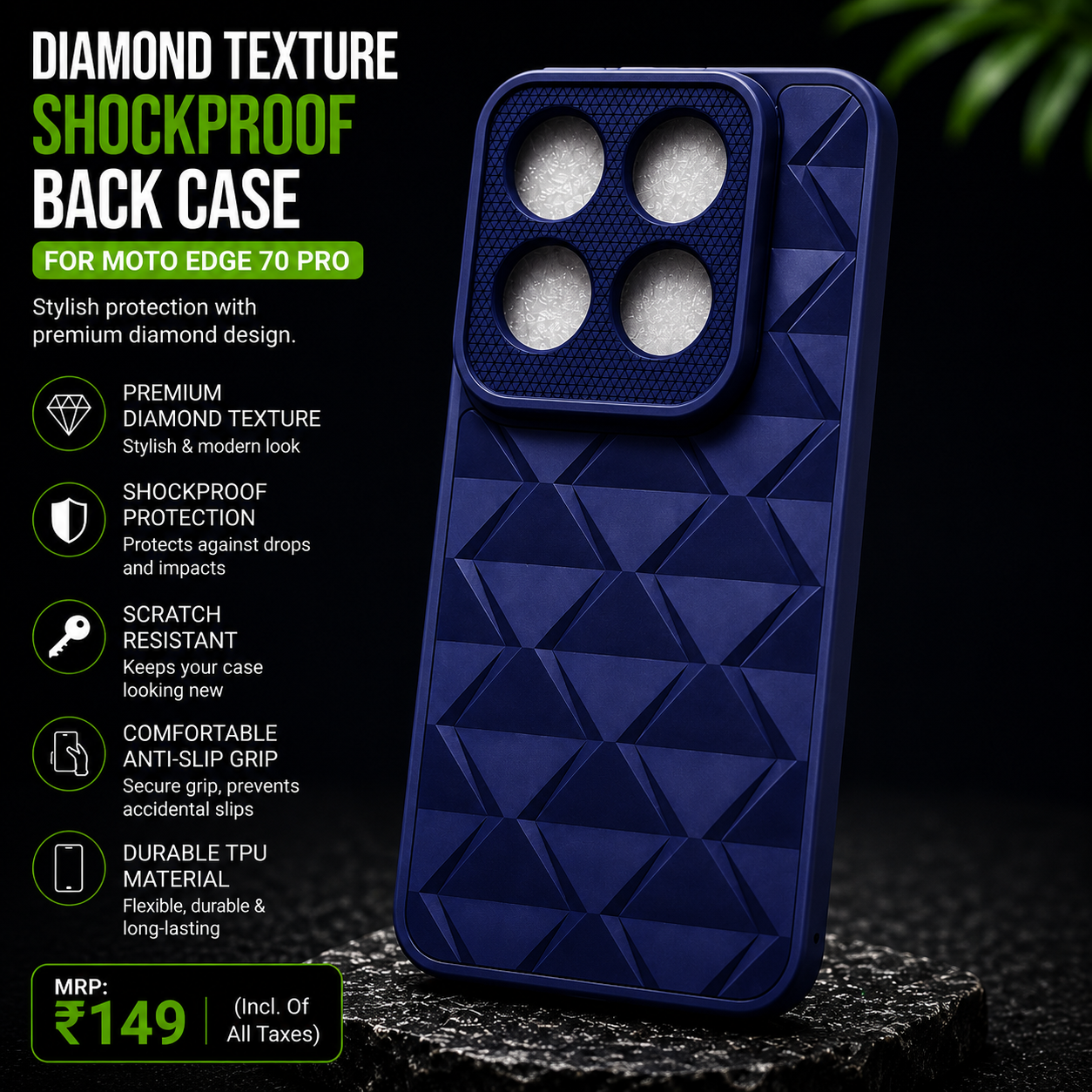 Diamond Texture Shockproof Back Case for Moto Edge 70 Pro – Navy Blue