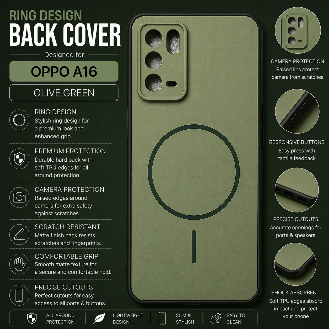 OPPO A16 Ring Design Back Cover – Olive Green