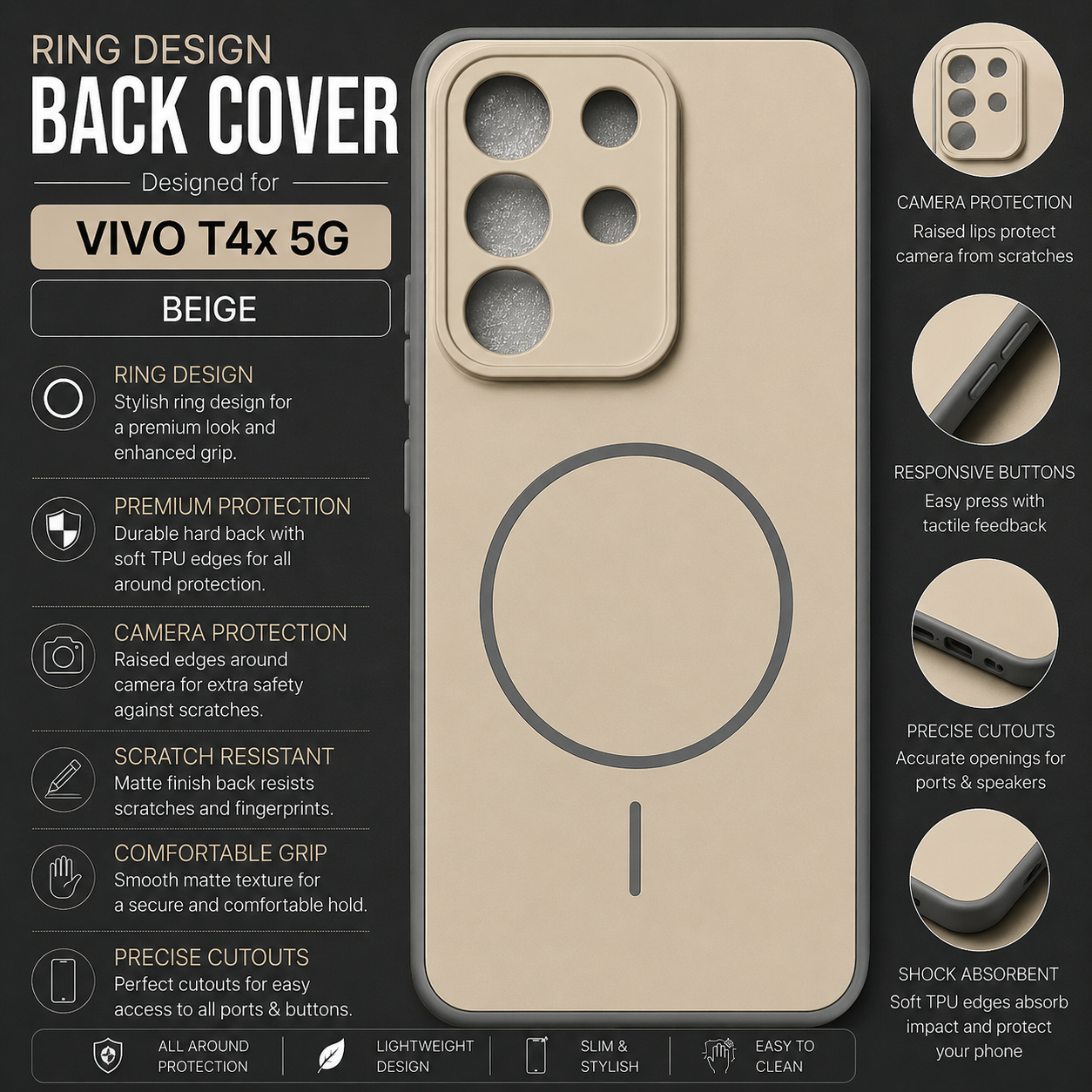 Vivo T4x 5G RingDesign Back Cover – Beige