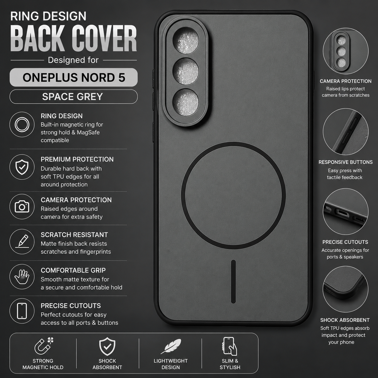 OnePlus Nord 5 Ring Design Back Cover – Space Grey
