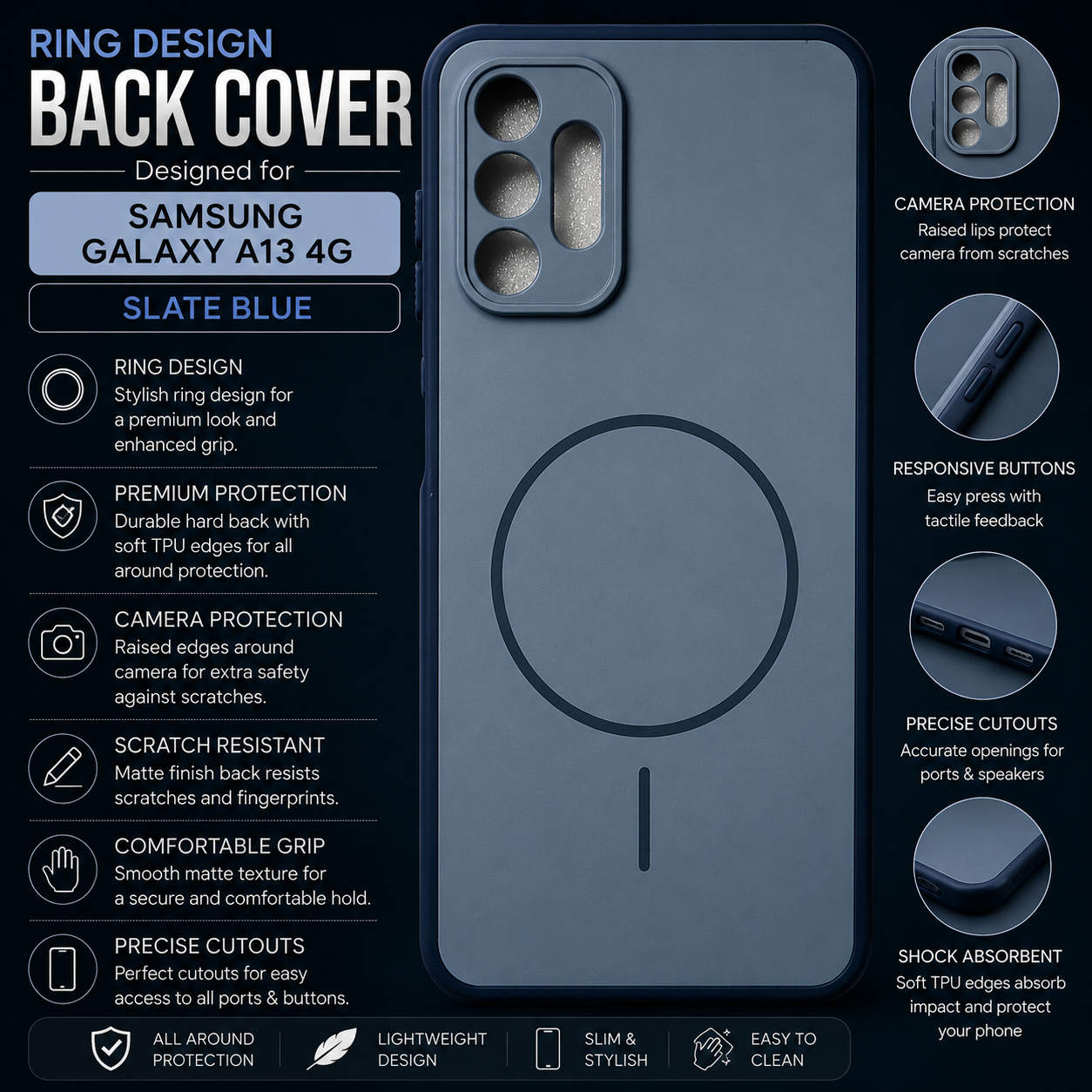 Samsung Galaxy A13 4G Ring Design Back Cover – Slate Blue