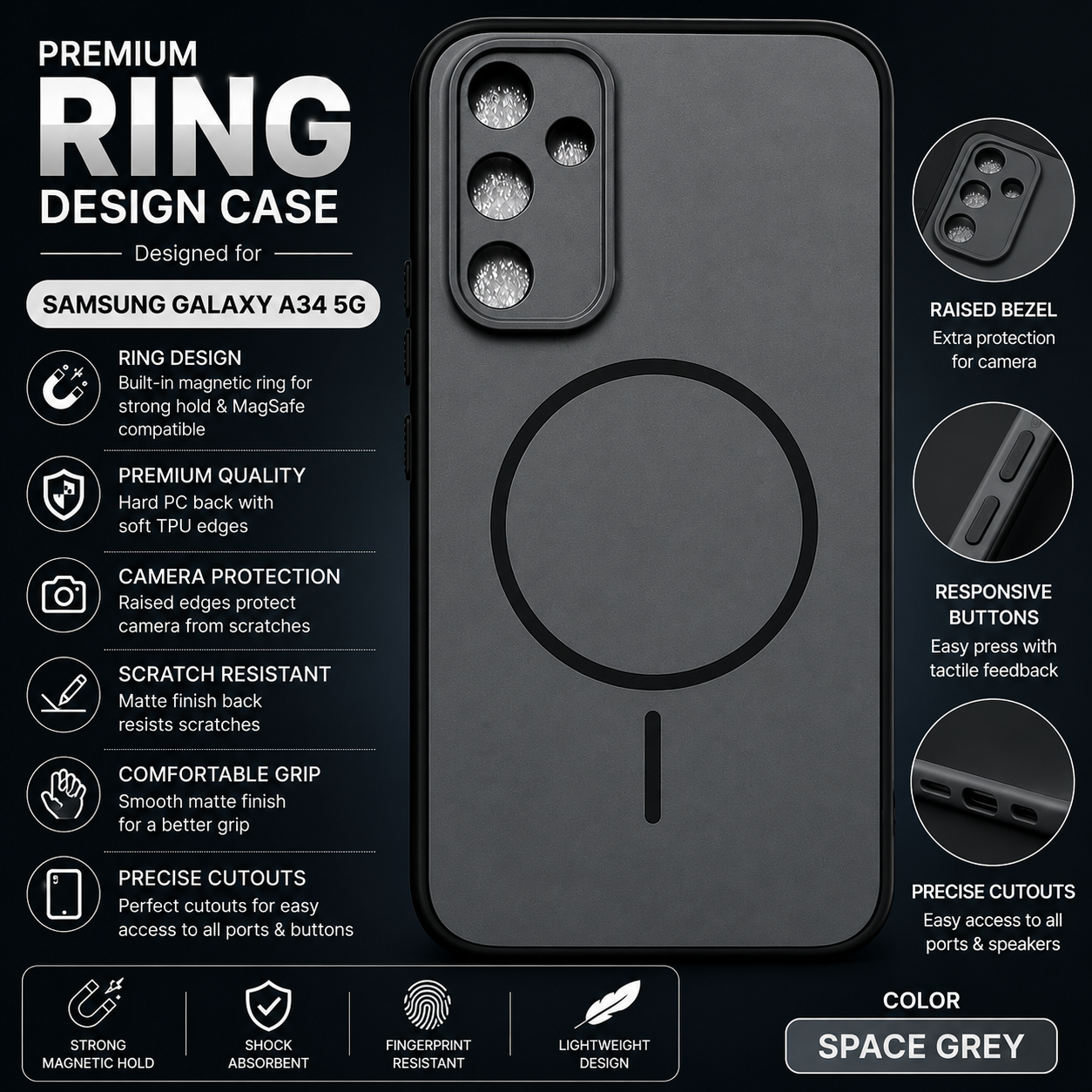 Samsung Galaxy A34 5G Ring Design Back Cover – Space Grey