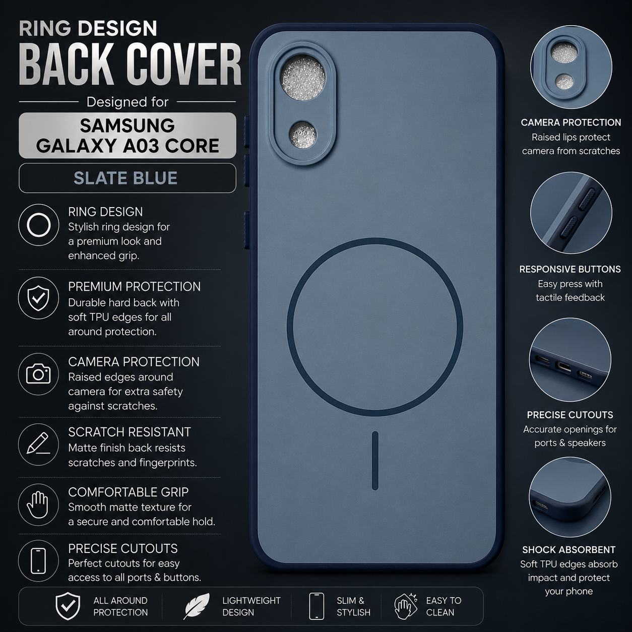 Samsung Galaxy A03 Core Ring Design Back Cover – Slate Blue