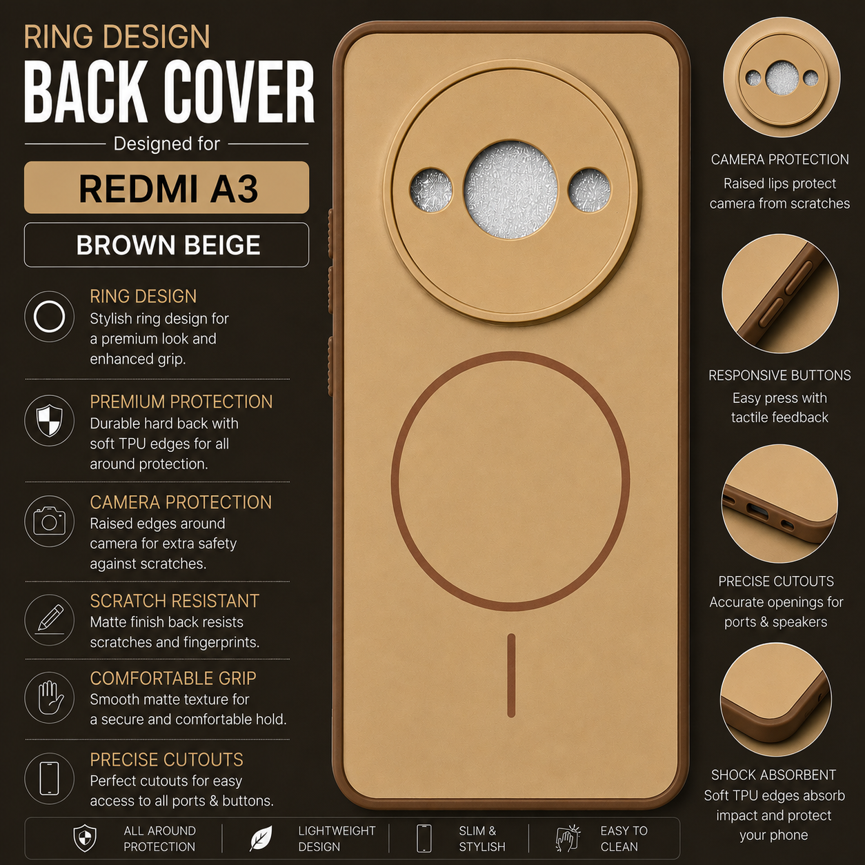 Redmi A3 Ring Design Back Cover – Brown Beige