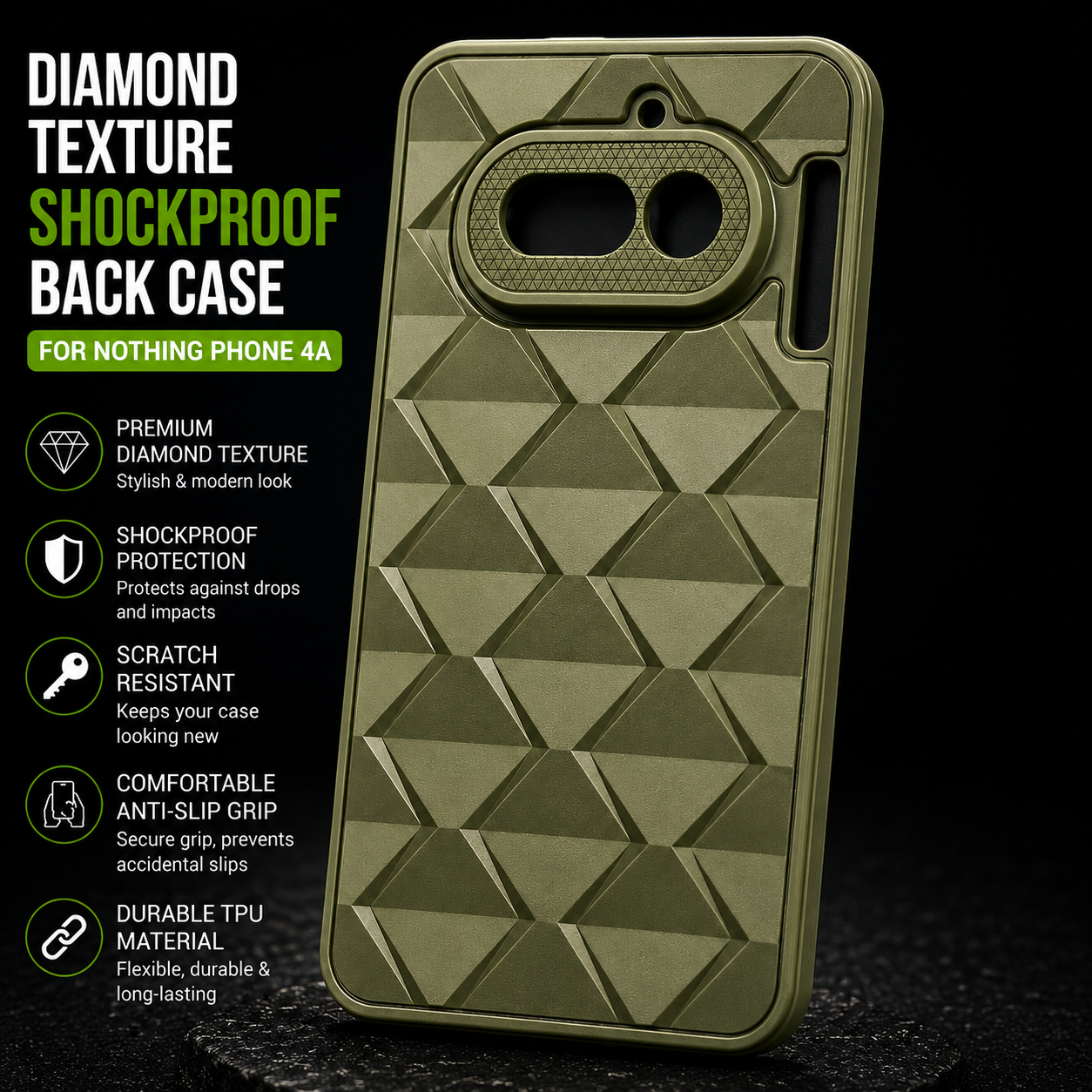 Diamond Texture Shockproof Back Case for Nothing Phone 4A – Olive Green