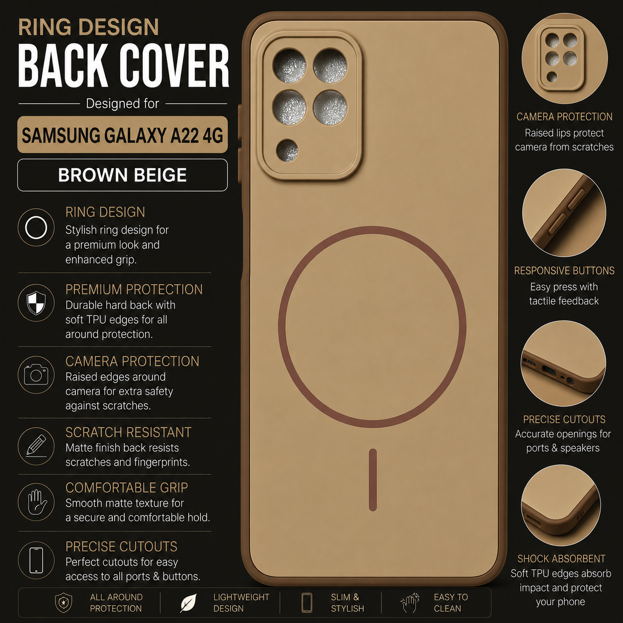 Samsung Galaxy A22 4G Ring Design Back Cover – Brown Beige