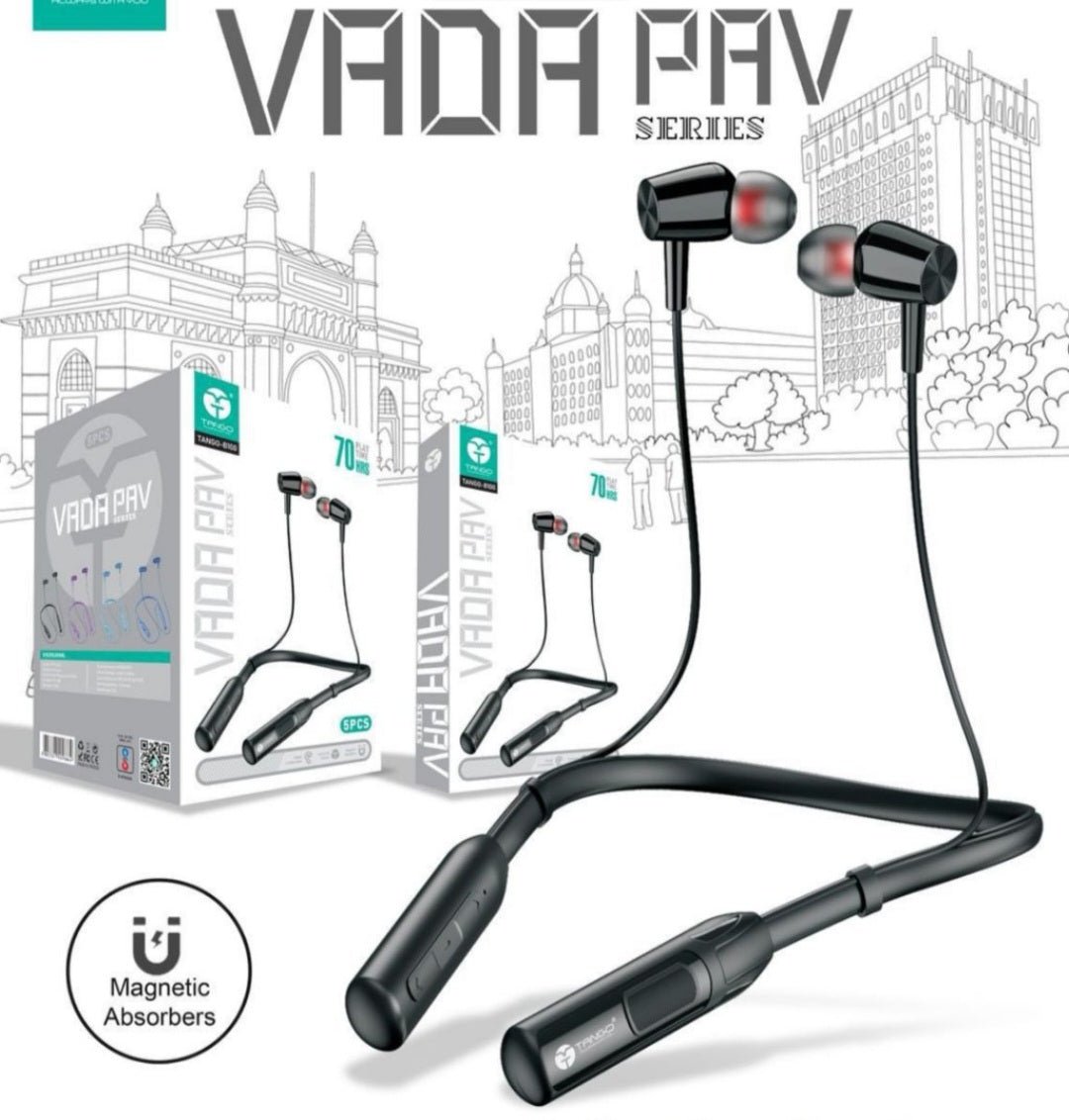 TANGO Vada Pav Series Wireless Bluetooth Neckband Earphones with Magnetic Earbuds, Up to 70 Hours Playtime, HD Stereo Sound & Built-in Microphone – Black | TANGO-B100