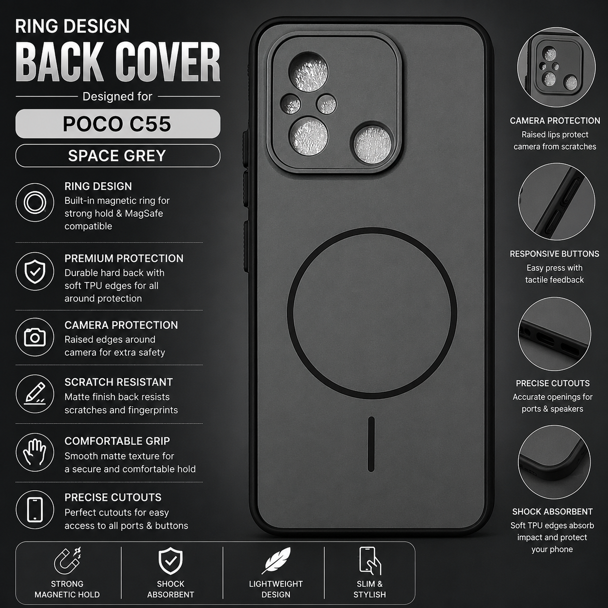 Poco C55 Ring Design Back Cover – Space Grey