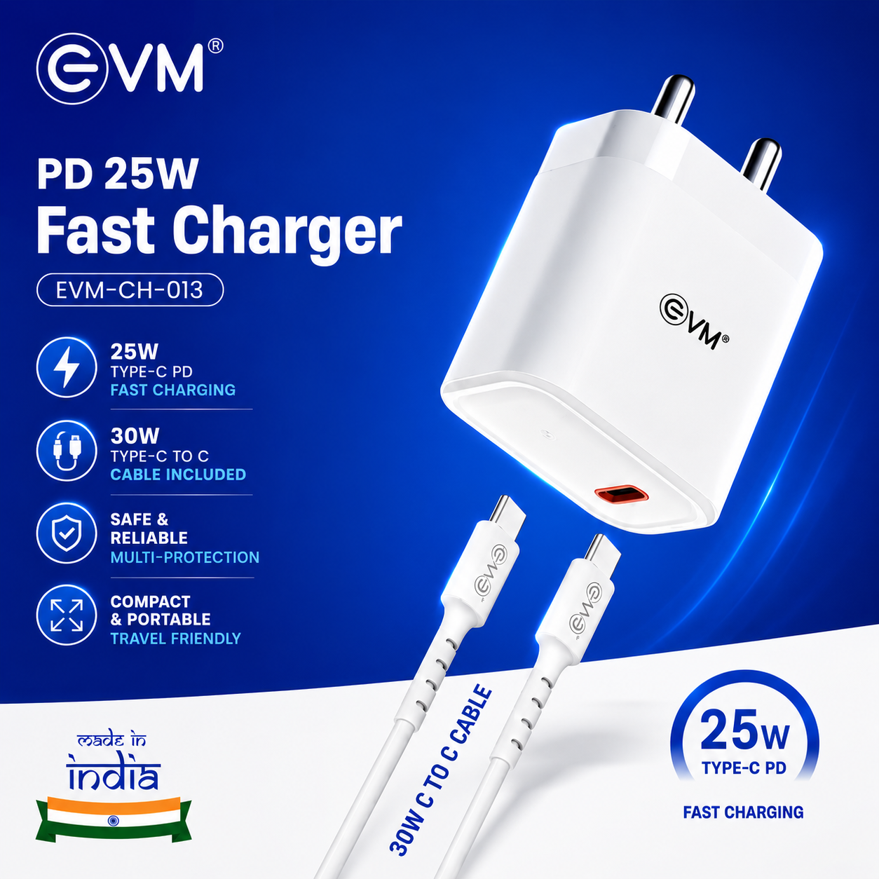 EVM 25W Fast Charger USB-C Adapter with PD Type-C Charger Cable - EVM-CH-013