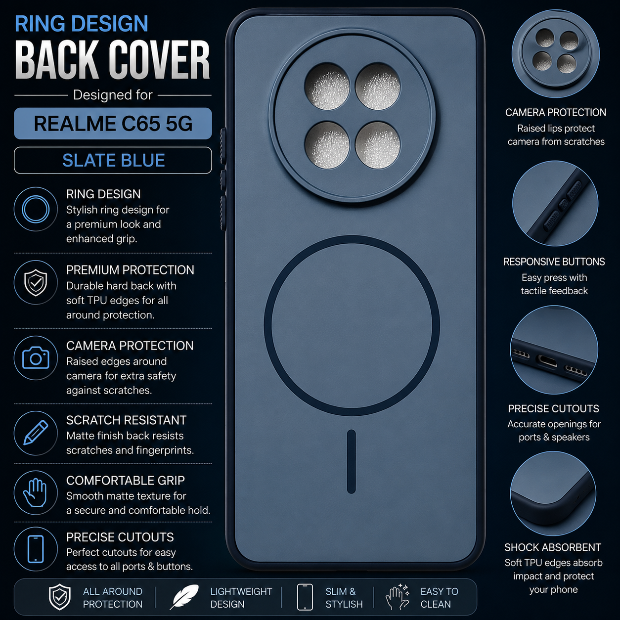 Realme C65 5G Ring Design Back Cover – Slate Blue