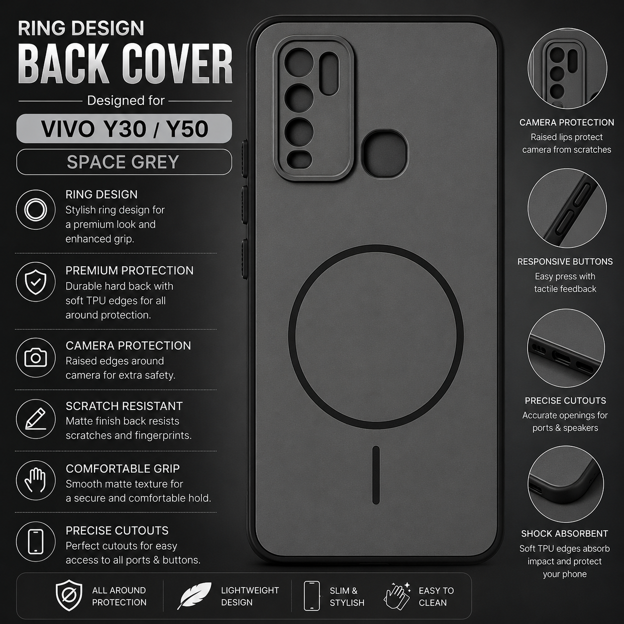 Vivo Y30 / Vivo Y50 Ring Design Back Cover – Space Grey