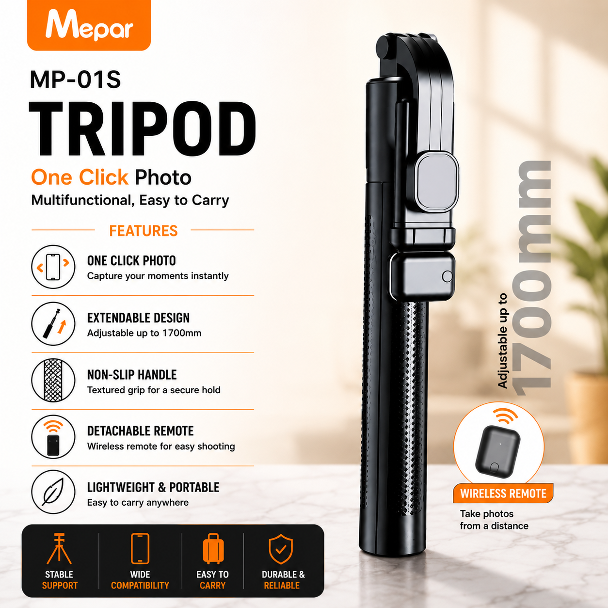 Mepar Wireless Selfie Stick Tripod with Detachable Bluetooth Remote – Extendable up to 1700mm – MP-01S