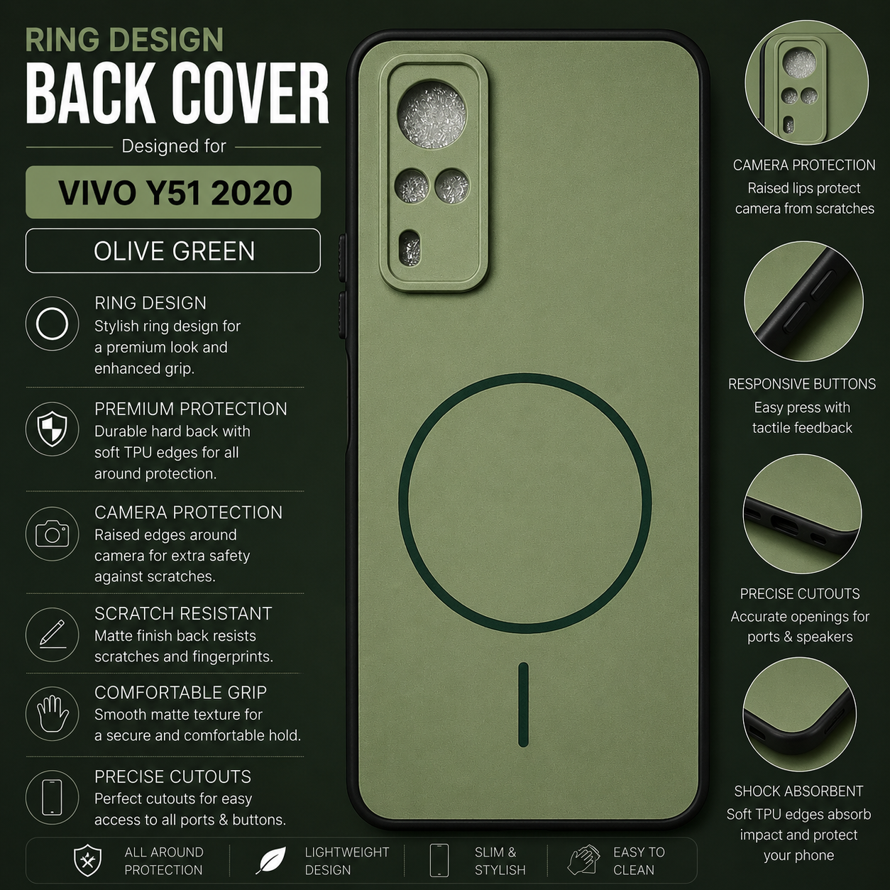 Vivo Y51 (2020) Ring Design Back Cover – Olive Green