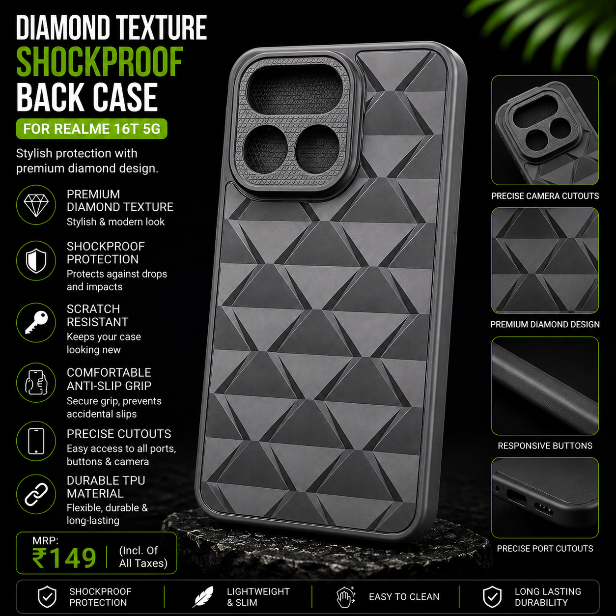 Diamond Texture Shockproof Back Case for Realme 16T 5G – Grey