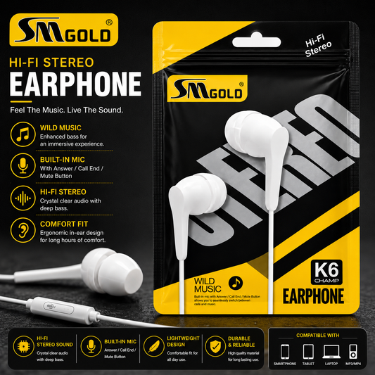 SM GOLD Wired Earphone 3.5mm Jack - K6 Champ