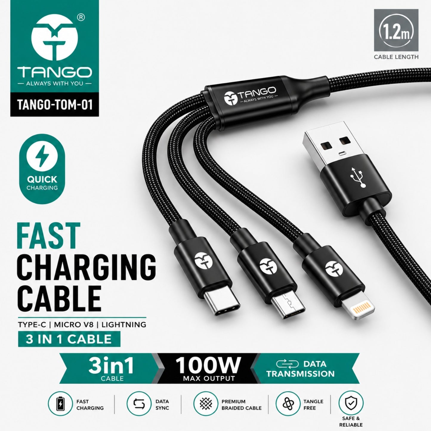 TANGO 100W 3-in-1 Fast Charging Cable with Type-C, Micro USB & Lightning Connectors (1.2m) – TANGO-TOM-01