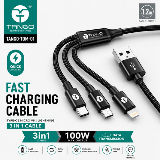 TANGO 100W 3-in-1 Fast Charging Cable with Type-C, Micro USB & Lightning Connectors (1.2m) – TANGO-TOM-01