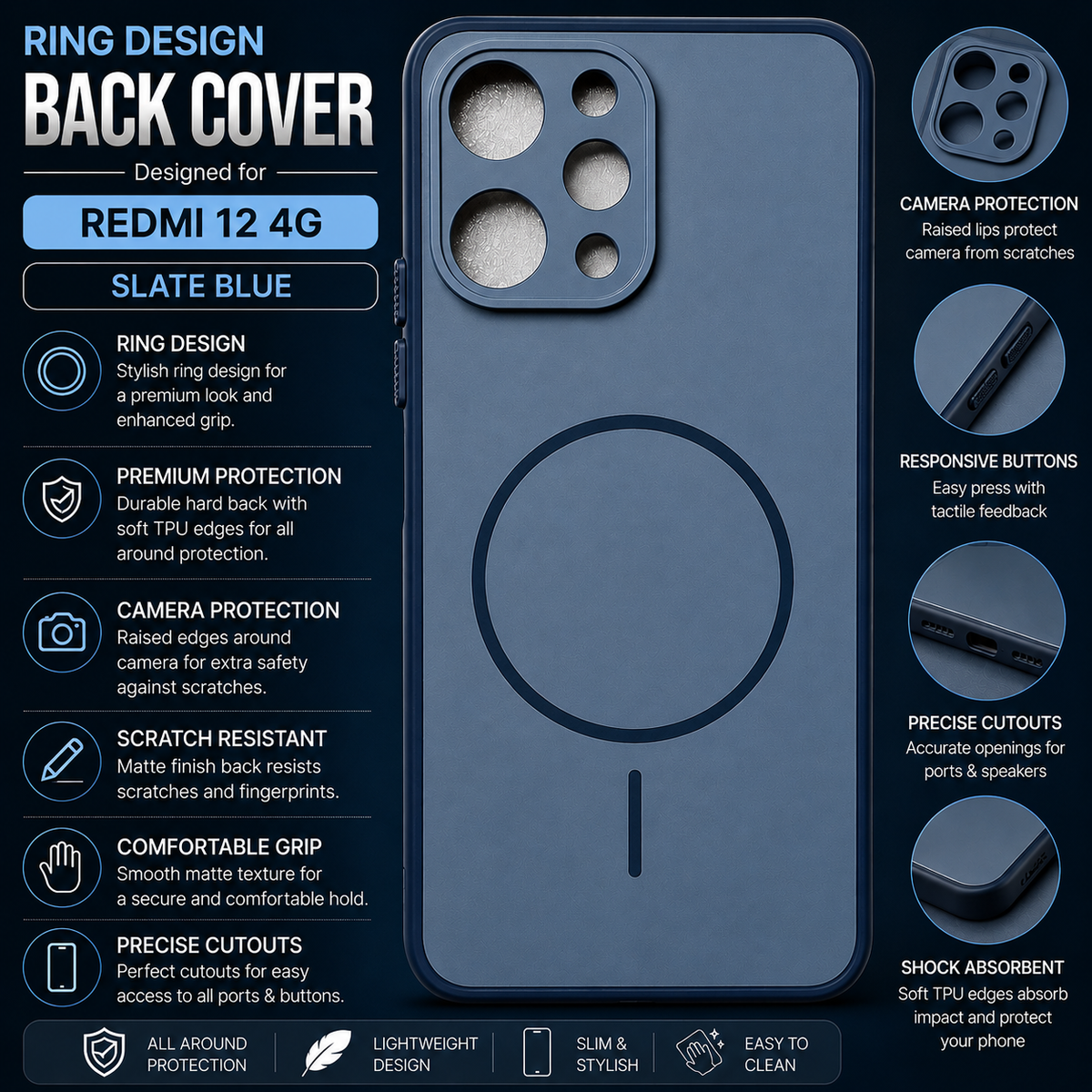 Redmi 12 4G Ring Design Back Cover – Slate Blue