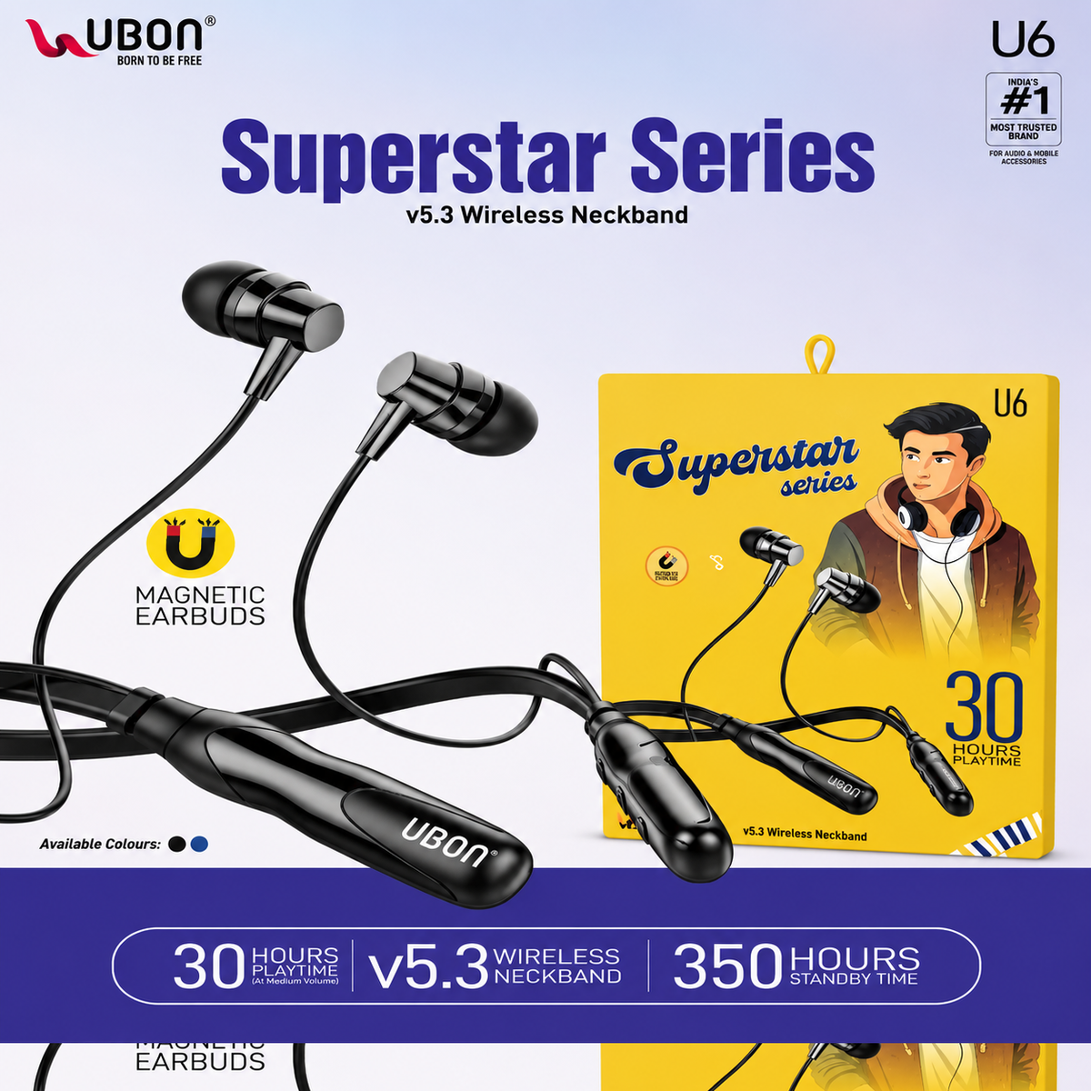 UBON Superstar Series Wireless Neckband Bluetooth v5.3 Earphones with Magnetic Earbuds, 30 Hours Playtime & 350 Hours Standby – Black | U6