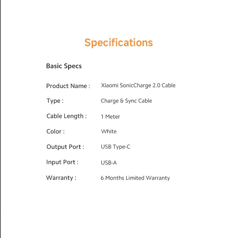 Xiaomi SonicCharge 2.0 USB-A to USB Type-C Cable 33W (1m) White – XMUSBTC100