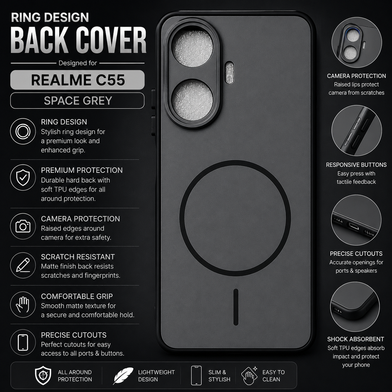 Realme C55 Ring Design Back Cover – Space Grey