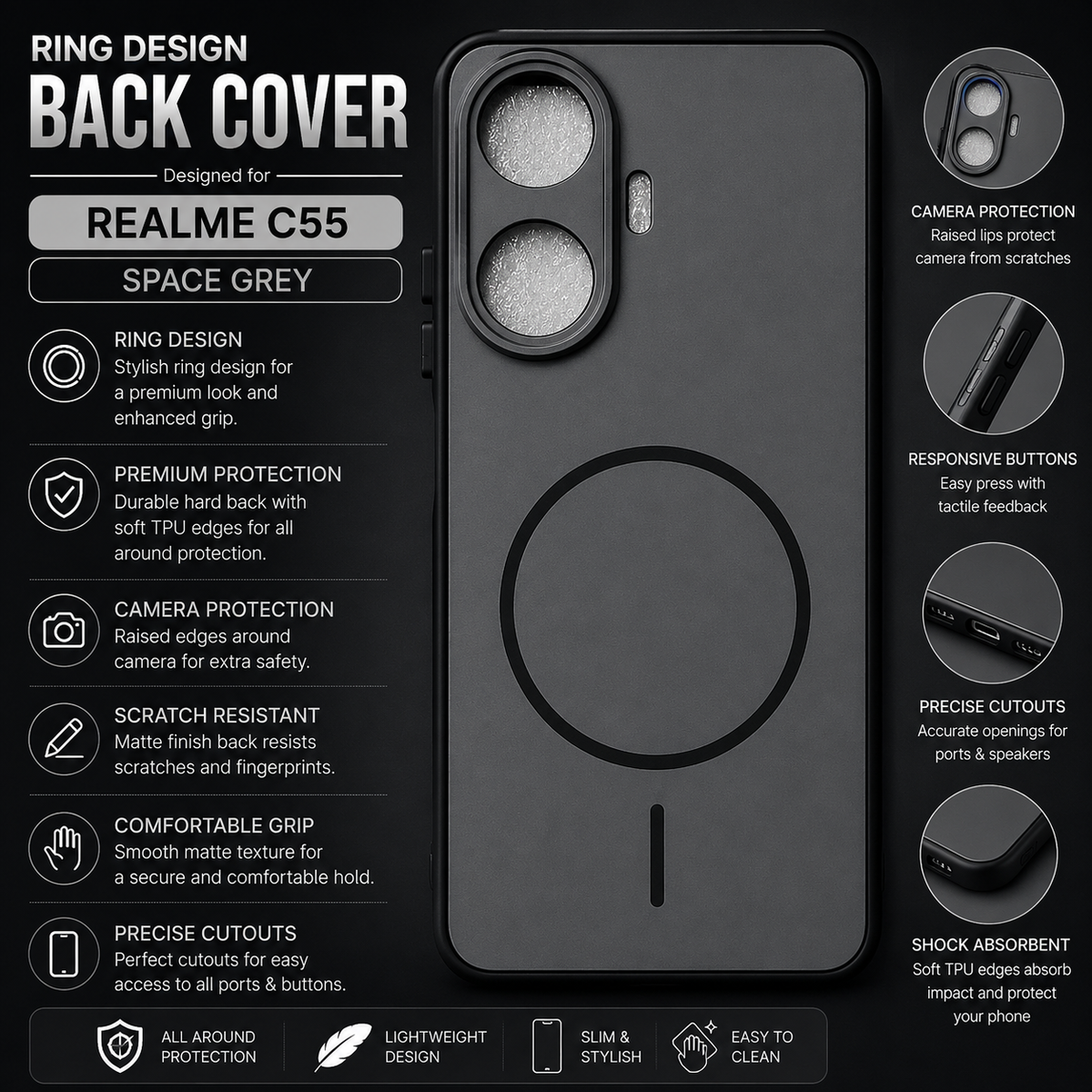 Realme C55 Ring Design Back Cover – Space Grey