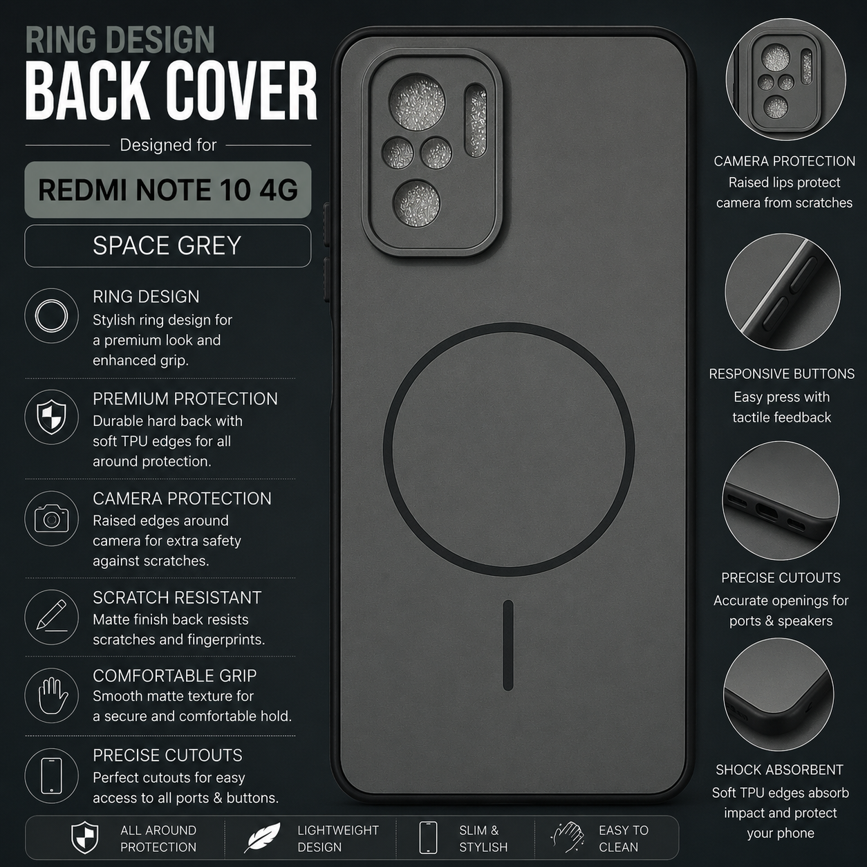 Redmi Note 10 4G Ring Design Back Cover – Space Grey