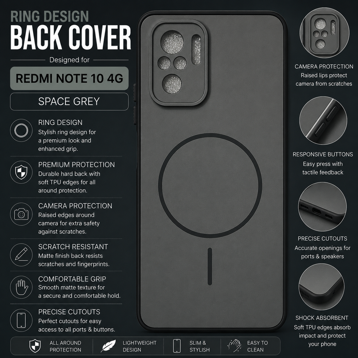 Redmi Note 10 4G Ring Design Back Cover – Space Grey
