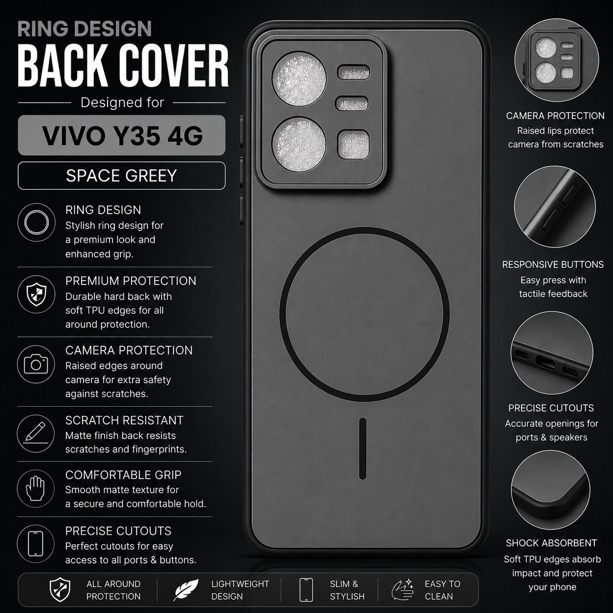 Vivo Y35 4G Ring Design Back Cover – Space Grey