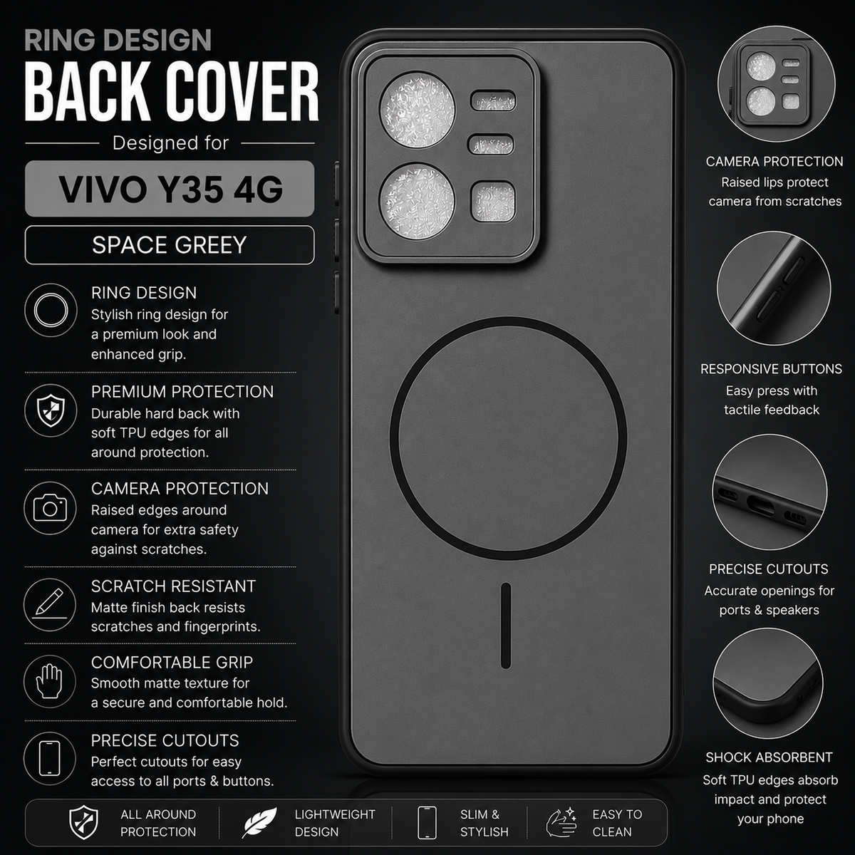 Vivo Y35 4G Ring Design Back Cover – Space Grey