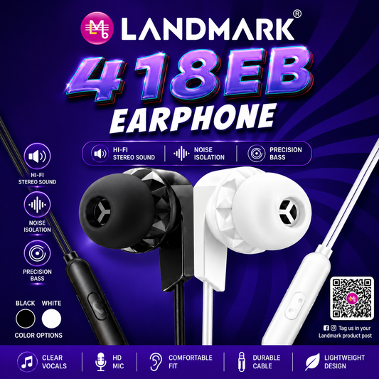 LANDMARK Wired Earphone - 418EB  Black/White