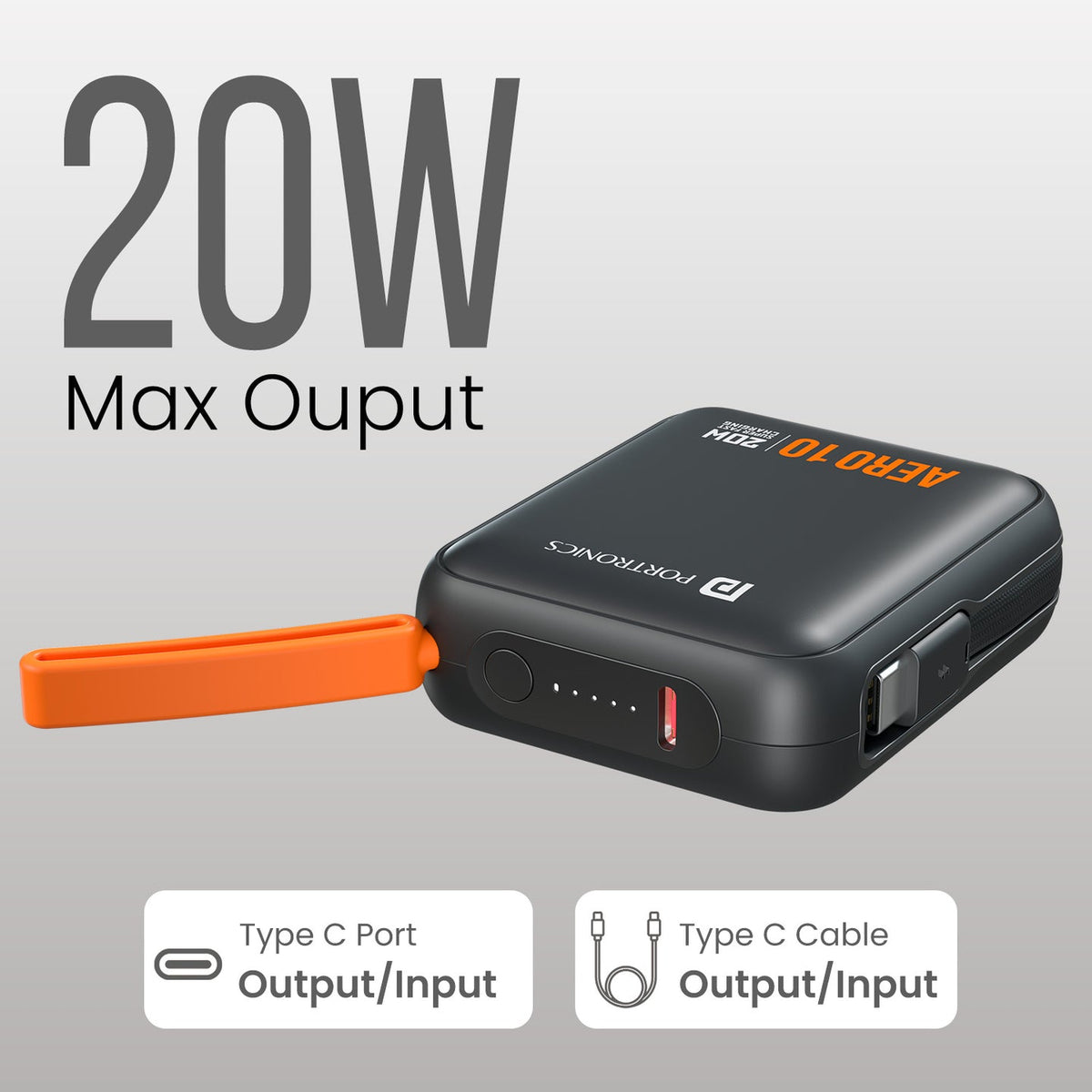 Portronics Aero 10 10000mAh 20W Power Bank POR 3456/3458 - Black/Mocha