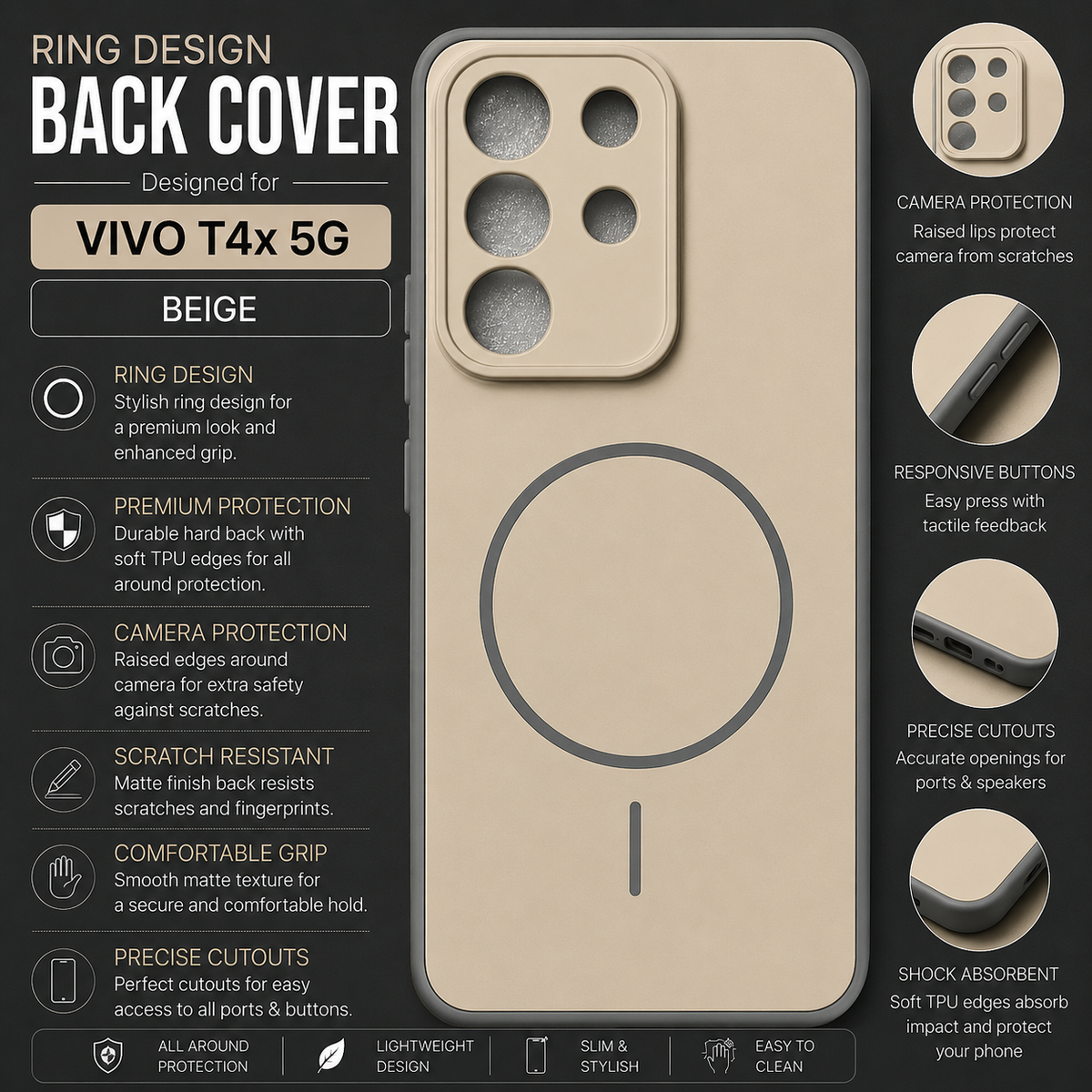 Vivo T4x 5G RingDesign Back Cover – Beige
