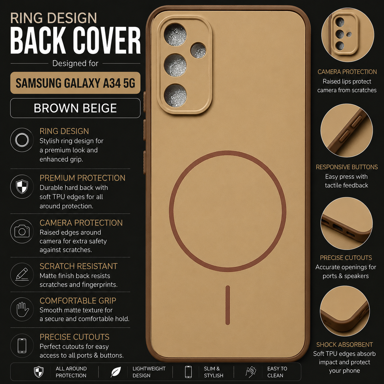 Samsung Galaxy A34 5G Ring Design Back Cover – Brown Beige
