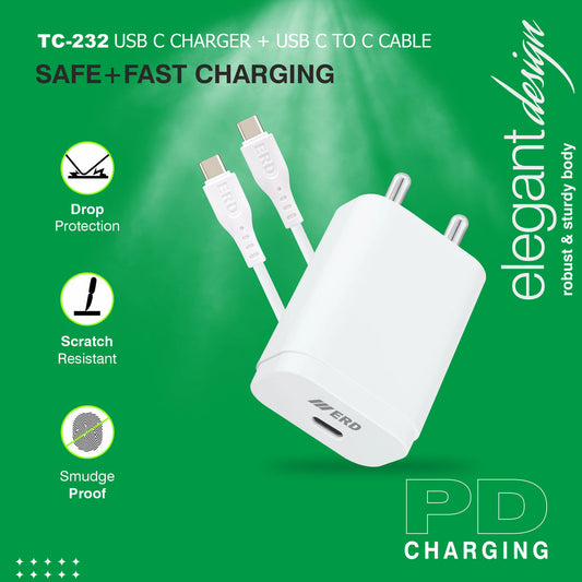 ERD 25W USB-C PD Fast Charger with USB-C to Type-C Cable – White | TC-232