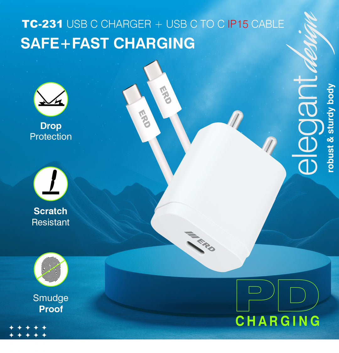 ERD 20W USB-C PD Fast Charger with USB-C to USB-C Cable White – TC-231