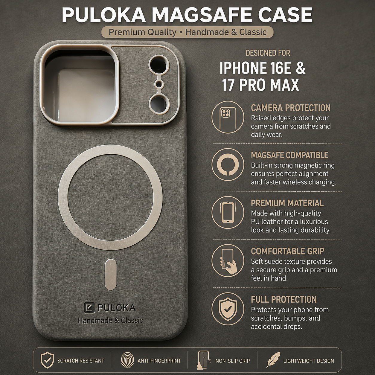 PULOKA Handmade & Classic MagSafe Case for iPhone 16E & 17 Pro Max – Grey