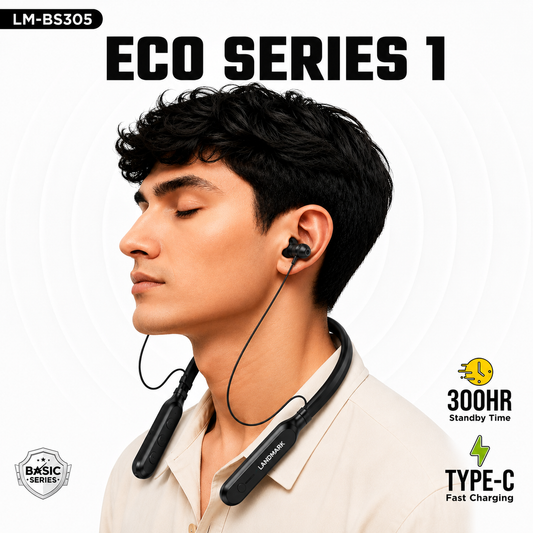 LANDMARK ECO Series 1 Wireless Bluetooth Neckband Earphones with 300 Hours Standby & Type-C Fast Charging – Black | LM-BS305
