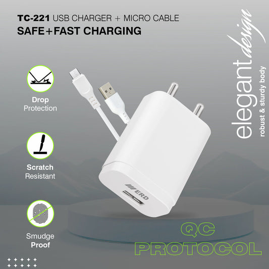 ERD USB Charger with Micro USB Cable, QC Fast Charging Adapter – Safe & Fast Charging – TC-221