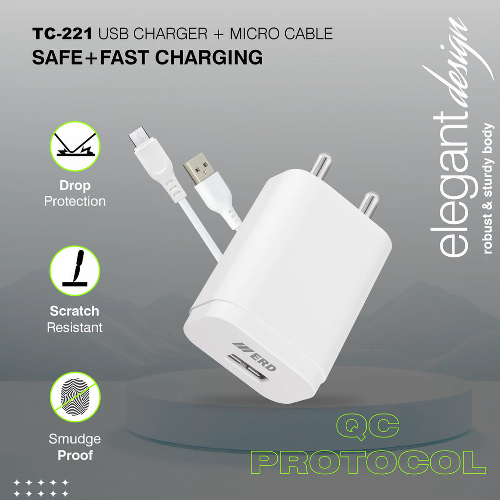 ERD USB Charger with Micro USB Cable, QC Fast Charging Adapter – Safe & Fast Charging – TC-221