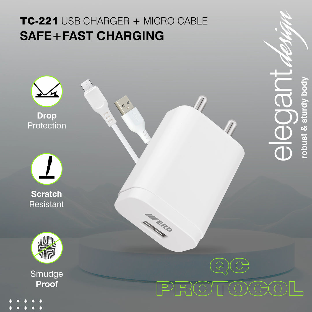 ERD USB Charger with Micro USB Cable, QC Fast Charging Adapter – Safe & Fast Charging – TC-221