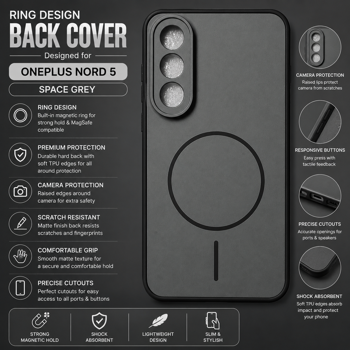 OnePlus Nord 5 Ring Design Back Cover – Space Grey