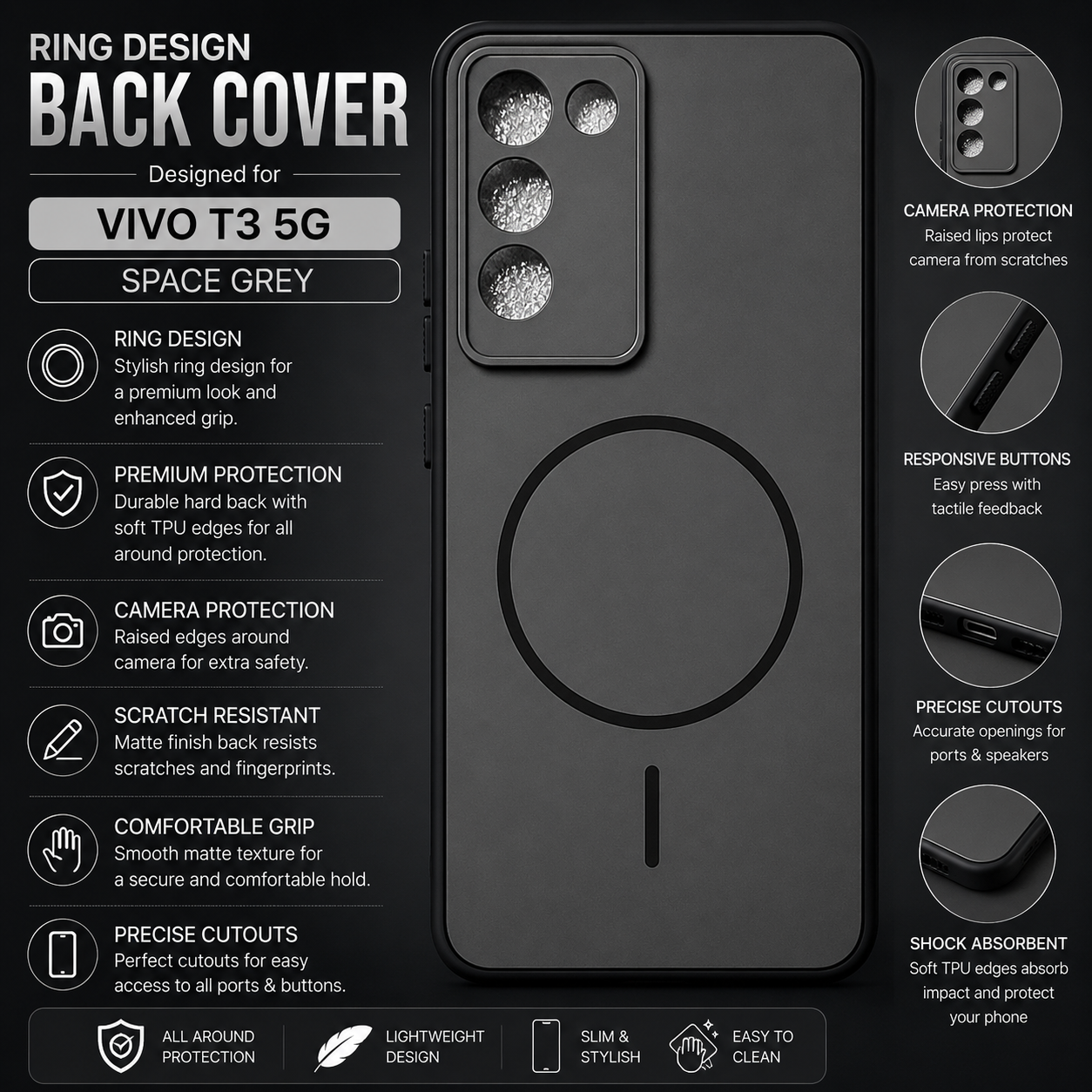 Vivo T3 5G Ring Design Back Cover – Space Grey