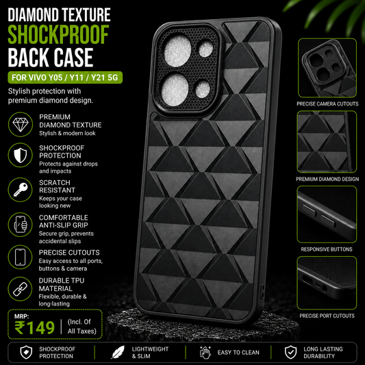 Diamond Texture Shockproof Back Case for Vivo Y05 / Vivo Y11 / Vivo Y21 5G – Black