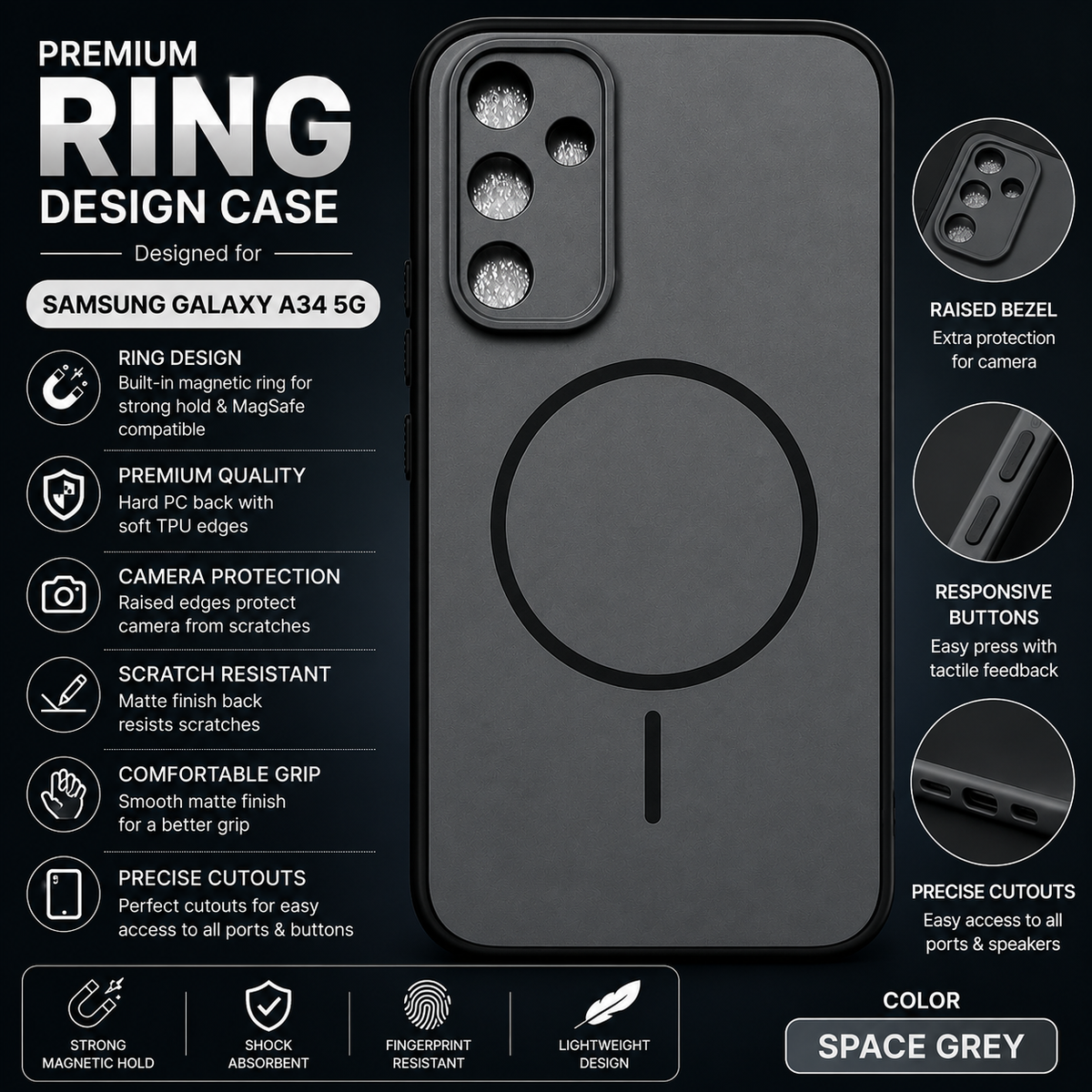 Samsung Galaxy A34 5G Ring Design Back Cover – Space Grey