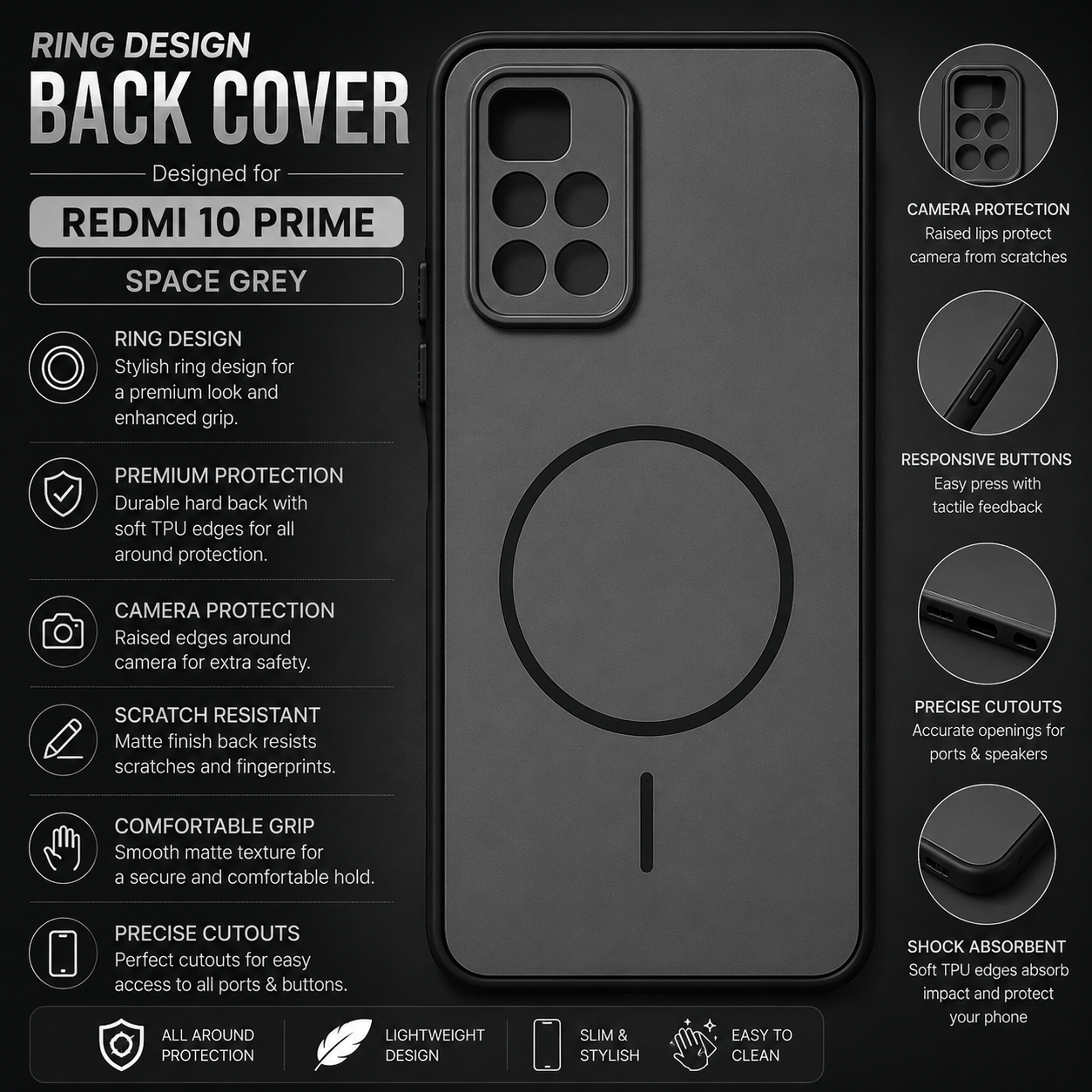 Redmi 10 Prime Ring Design Back Cover – Space Grey