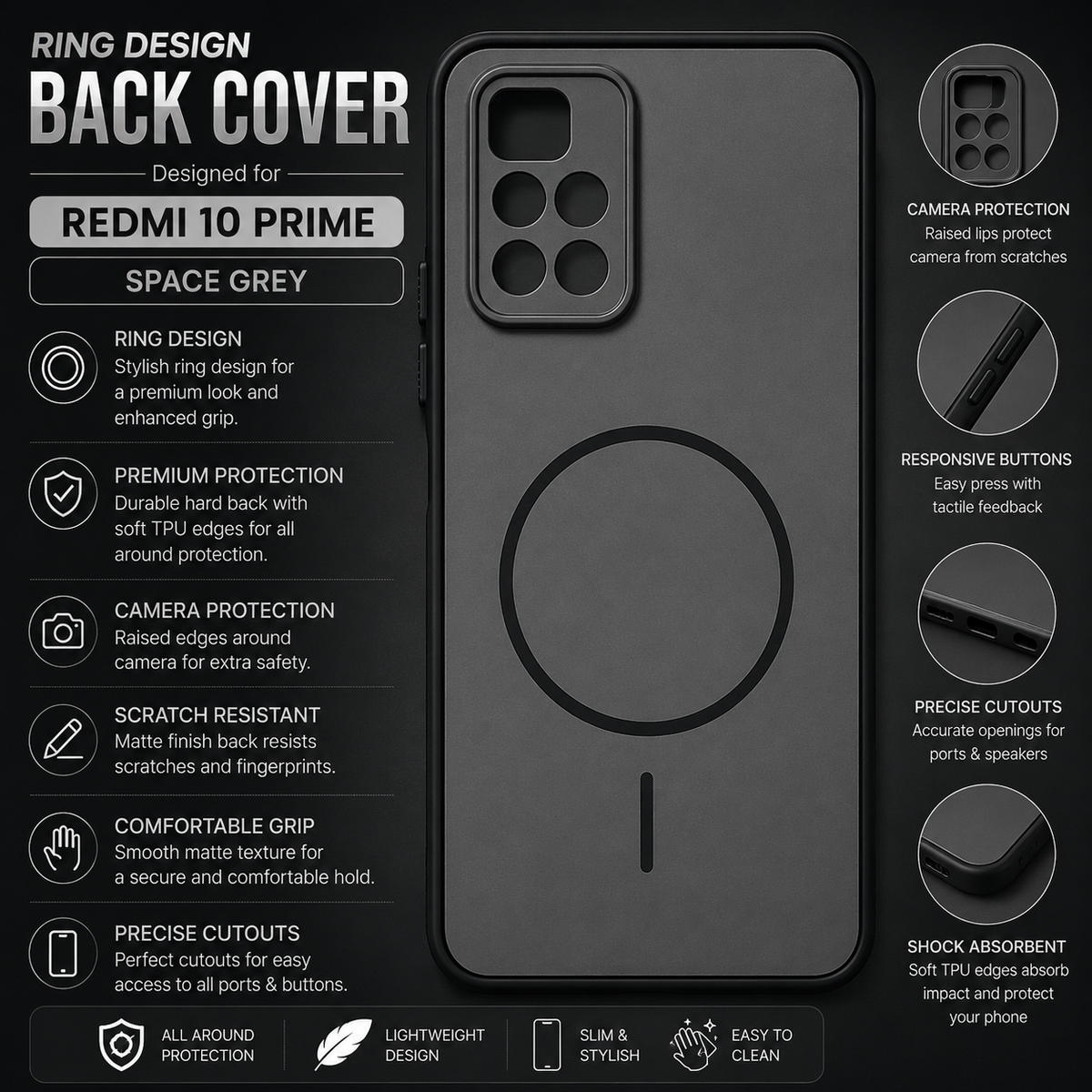 Redmi 10 Prime Ring Design Back Cover – Space Grey