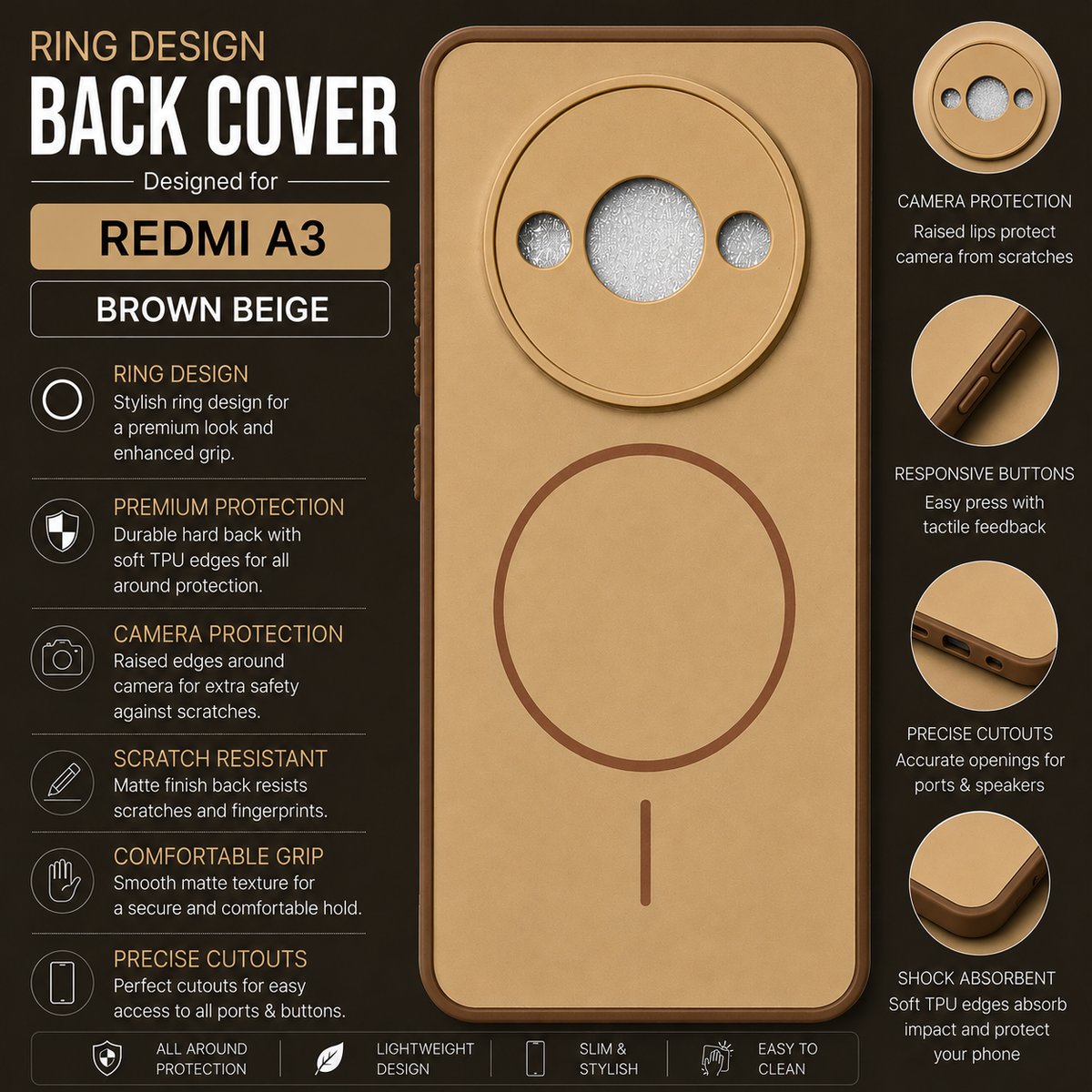 Redmi A3 Ring Design Back Cover – Brown Beige