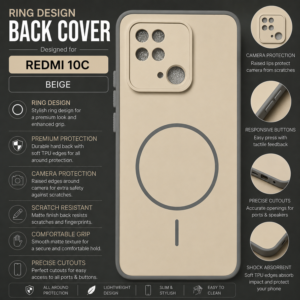 Redmi 10C RingDesign Back Cover – Beige
